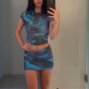 Tiger Mist Blue Tie Dye Mesh Bodycon Fit Shirt Top Mini Skirt Set